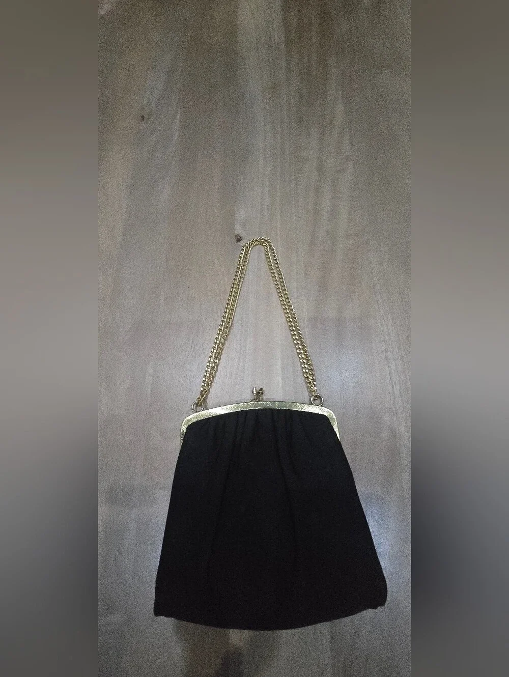 Vintage 50s 60s Black Crepe Evening Clutch Bag Gold Chain Kiss Lock Purse